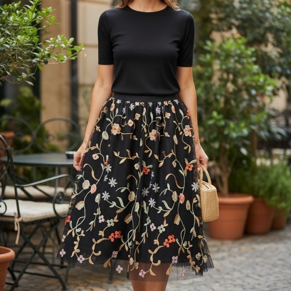 See You Monday Black Skirt with Floral Embroidery